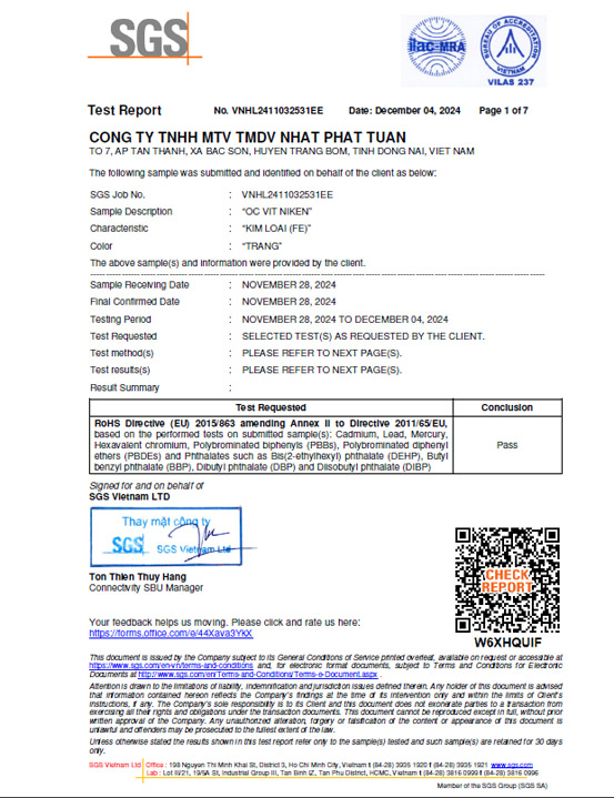 Chứng nhận SGS RoHS ốc vít niken